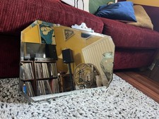 VINTAGE ART DECO FRAMELESS BEVELLED EDGED WALL MIRROR - WOOD BACKED 65cm X 37cm