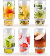 Ribbed Drinking Glasses Set of 6, 470 ML(16 Oz) Water Glasses,Vintage Glass Cups