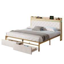 4ft6 Double Gold Metal Bed Frame with Drawer Storage Headboard Charging Station