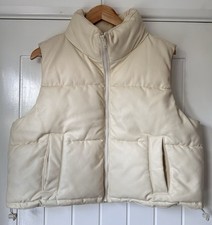 Hollister LRG Puffer Gilet Faux Leather Cream Sleeveless Zip Vest Drawstring Hem