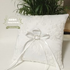 White Lace Wedding Ring Pillow 18x18cm Bride Cushion with Bow Rhinestone Buckle