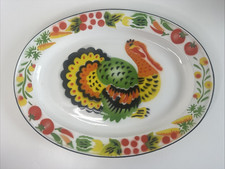 Vintage Mid Century Enamelware On Metal Turkey Platter - Colourful Design