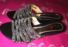 BLACK SMALL WEDGE SANDALS SHOES WITH DIAMANTE DETAIL SIZE 5 