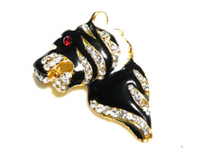 LOVELY Goldtone Black Enamel Clear & Red Crystal Stone Tigers Head BROOCH