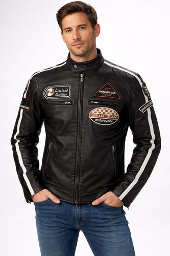 Men black leather motorcycle - leather,