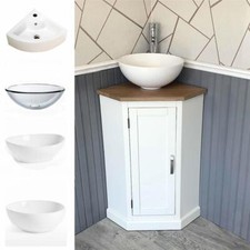 Cloakroom Corner Bathroom Vanity | White Unit Oak Top Ceramic Basin