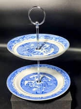 Willow 2-Tier Cake Plate Stand Dessert Display Oriental Afternoon Tea Blue
