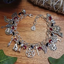 Witches Charm Bracelet with Gothic tone beads, Pagan Jewellery for Wiccan Witch