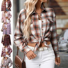 Ladies Checks Shirts Casual Long Sleeve Blouse Plaid Boyfriend Womens Tops