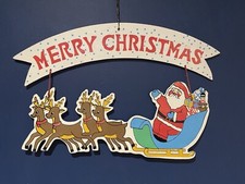 Vintage Wooden Christmas Sign Hanging Decoration Santa On Sleigh