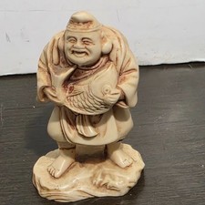 Vtg Asian Japanese Carving Old Man with Fish Cast Fesin Faux Ivory