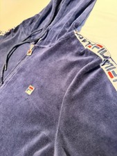 Retro Fila Velour Vintage Zip-Up Hoodie Jacket Track Suit Navy Blue Tape Sleeves