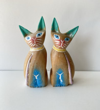 Wooden Hand Painted Cat Figures  Multi Coloured Ornaments 12 cm
