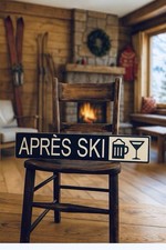 apres ski sign vintage style old skiing SKI slope tips up WOODEN gift 