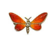Sterling Silver, Red Enamel, Seed Pearl Butterfly Brooch Antique c1920 Deco