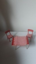 Vintage Lundby Barton Dolls House Red/White Table,2 Chairs,Check Tablecloth 1:16