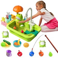 Kid 2 in 1 Kitchen Set Sink & Fishing Set With Running Water Dishwasher Play Toy