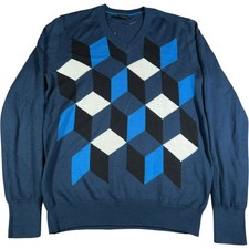 Galvin Green Sweater Mens L Blue Wool V Neck Argyle Geometric Cube Golf Jumper