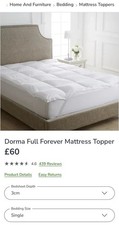 Dorma Full Forever Mattress Topper Single RRP £60 NWOT