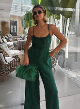 Zara Dark Green Crinkle Cotton Mirrored Embroidered Jumpsuit Size L 5770/021