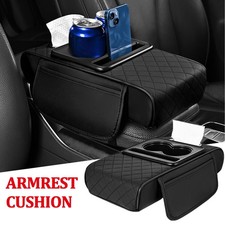 Car Armrest Cushion Center Console Box Arm Rest Pad w/ Pocket Tissue Cup Holder