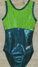 ALPHA FACTOR Leotard Foil Metallic Turquoise Lime Gymnastics CM Child Girls M