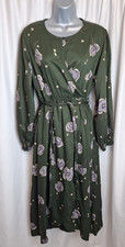 ALICE COLLINS Midi Women's Dress UK12 Long Sleeve Dark Green Floral Print L3079