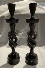 Pair of vintage dark wooden style barley twist candlesticks 27cm/10 1/2”