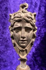 Rare Antique Bronze Medusa Gorgon Head on Bronze Column Black Marble Stand.