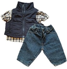Calvin Klein Outfit Baby Boy Sz 0-3 Mo Plaid Button Up, Puffer Vest, Jeans Y2K