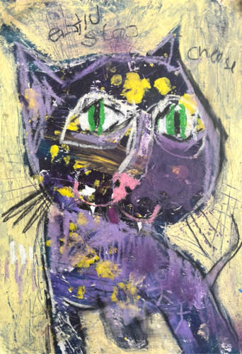Purple cat painting outsider - cat,