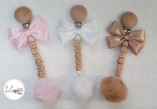 Personalised  Baby Gift Pram Charm Wood & Silicone Bow Fur Pompom Pink Camel 
