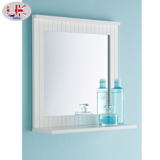 Bathroom Wall Mounted Mirror with Cosmetics Shelf Wood Frame White Finish
