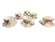 SET OF 6 WATERSIDE FINE CHINA BEAUTIFUL BIRDS & FLOWERS CUPS & SAUCERS VGC 