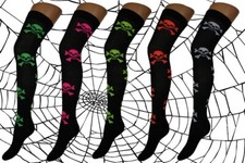 1 Ladies Girls Over The Knee Neon Skull & Crossbone Fancy Dress Socks UK 12½-6