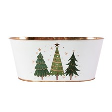 Metal White Trough Christmas Trees Stars 27cm Tin Pail Planter Pot Gold Rim Xmas