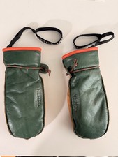 Hestra Wakayama Leather Mitt Gloves Size 7 Green with Orange Lining