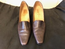 GABOR UK 6 H WIDE FIT Brown Leather Slip On Court Shoes 2" Heel