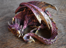 Brass Gold Red Metallic Winged Dragon Figurine 10cm Curled Fantasy Figurine D&D