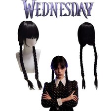 Wednesday Addams Family Wig Cosplay Long Black Braids Hair with Bangs Props