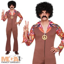 1970s Hippie Mens Fancy Dress Groovy Disco Jumpsuit Adults 70s Costume Outfit