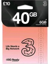Three Sim With £10 Credit  Giving 40GB Of Data + Unlimited Mins/Text For 30 Day.