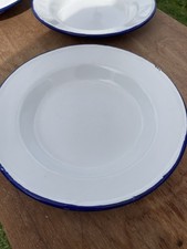 Vintage White Enamel Blue Trim