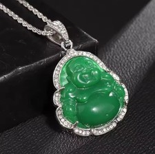 Bodhisattva Buddha Pendant Diamante Necklace & Silver chain Spiritual Green