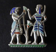 ART DECO EGYPTIAN REVIVAL SILVER ENAMEL BROOCH PIN 2 figures with lotus flower