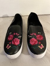 black floral faux leather slip on plimsoles size 5 pink rose  Primark Wide Fit