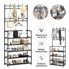 Coat and Hat Stand with 4/5 Tier Shoe Rack Shelf 8 Hooks Metal Hanger & Shelves