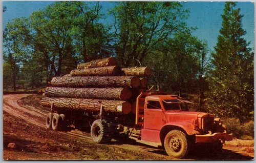 Postcard red log truck hauling - red,