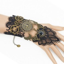 Lace Victorian Copper Cog Chain Gear Punk Rave Steampunk Fingerless Glove Black