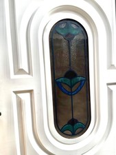 external wood composite front door right-hung/in-swing with stain glass 